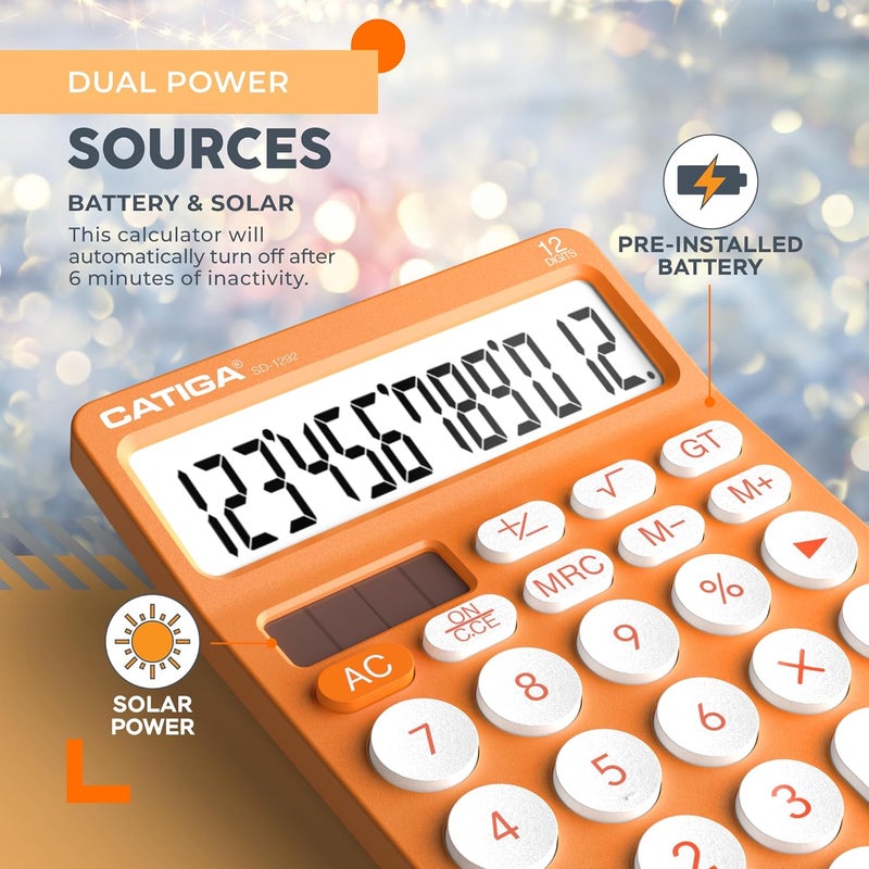 CATIGA 12 Digit Desktop Calculator Basic Desk Calculator with Large LCD Display, Big Buttons, 4 Function, Solar and Battery Dual Power, for Office, School, Home, SD-1292 Orange - Image 5